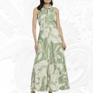 NWT London Times Green & Ivory Floral Maxi Dress Collar Shirt Button Down Size 8
